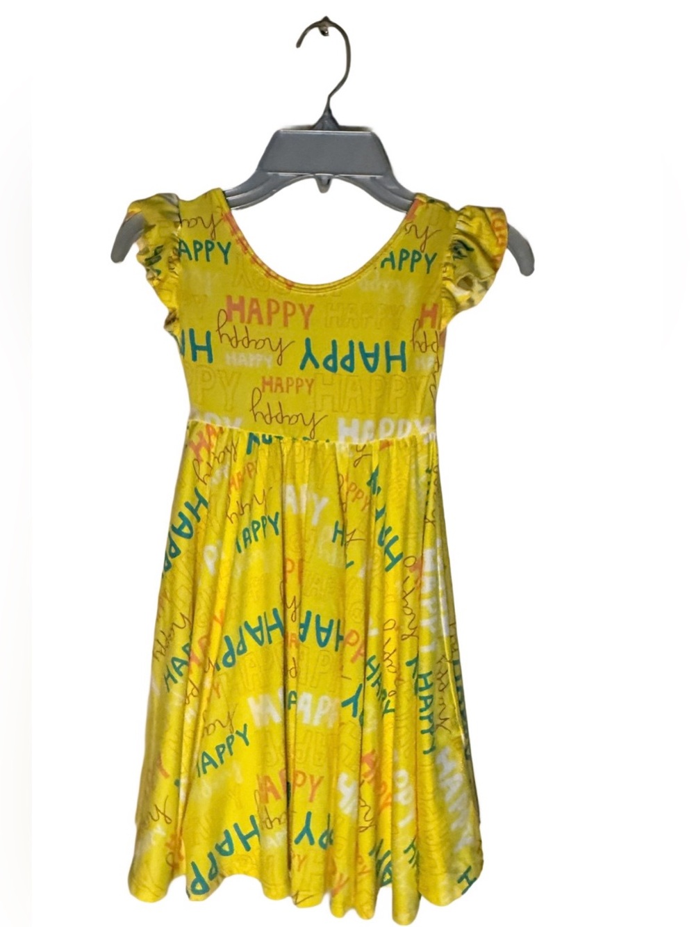 DotDotSmile Girls Yellow "Happy" Print Flutter Sleeve Dress